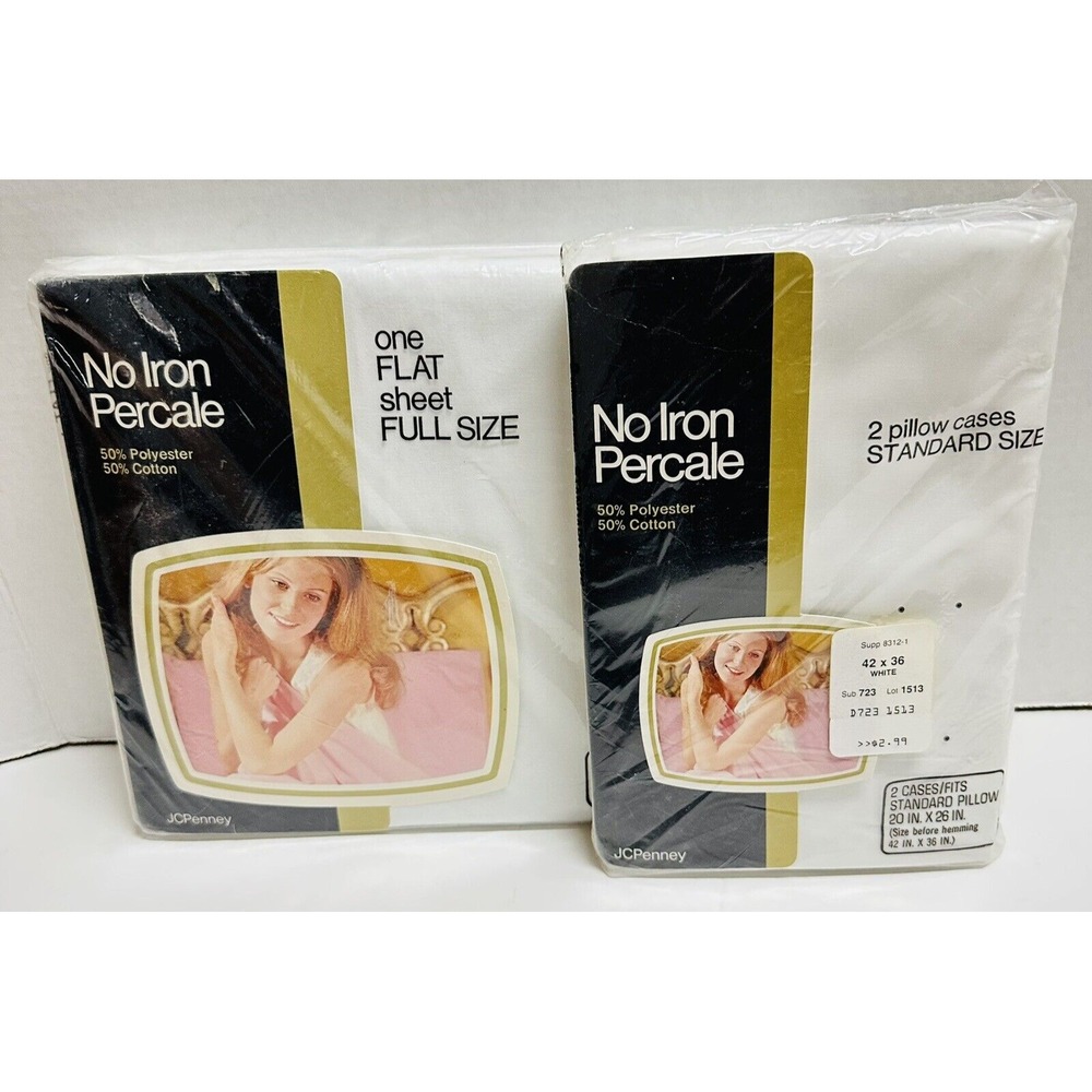 Vtg Fashion Manor No Iron Percale Full Flat Sheet & Pillowcases White NEW NOS